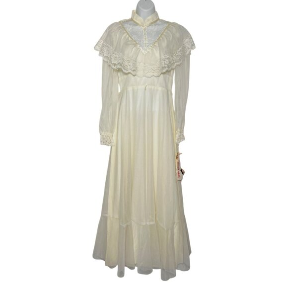 Vintage 70s Chiffon Maxi Wedding Dress Union Made Prom Ivory Lace Hi Neck S - Picture 1 of 16